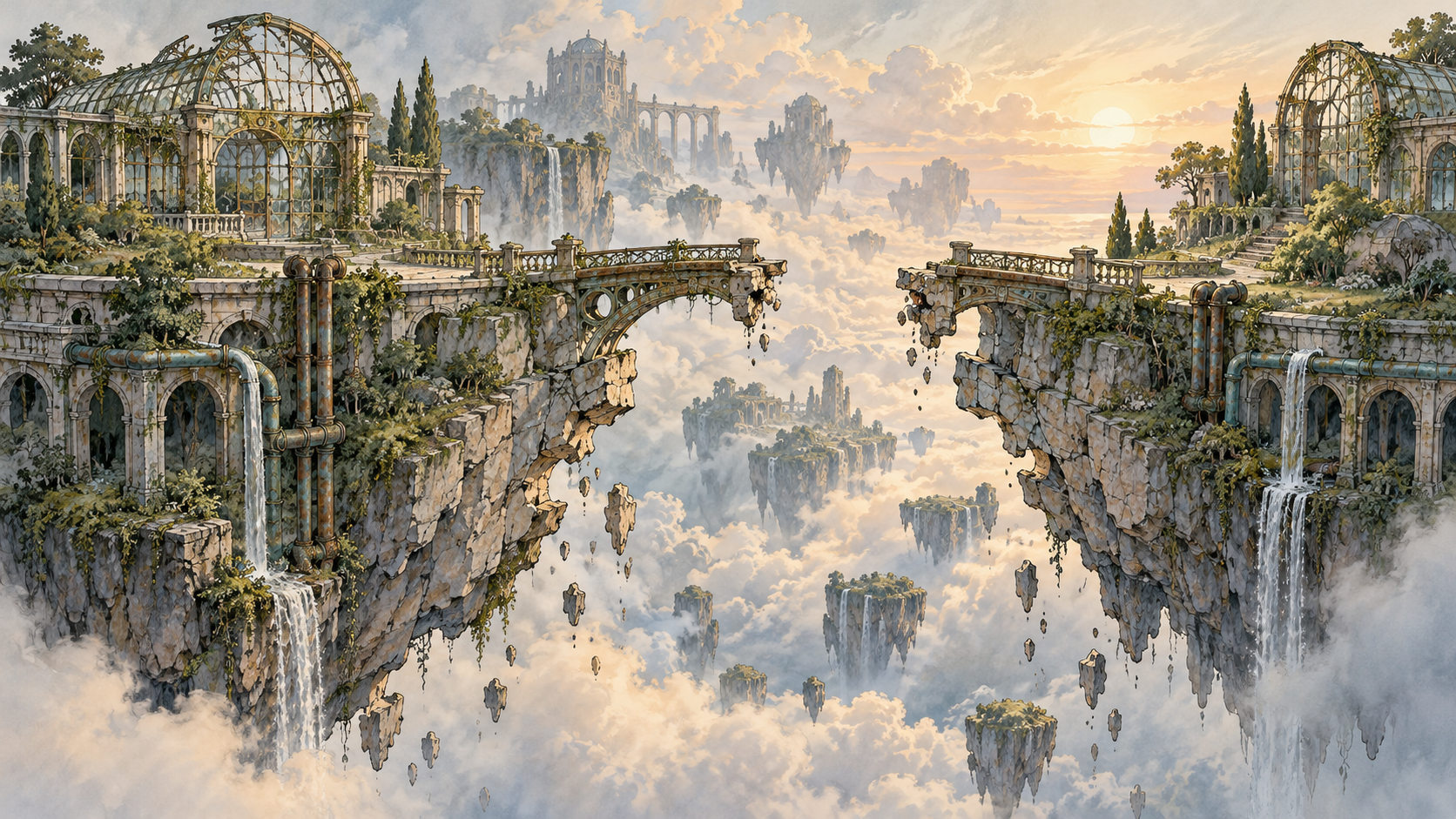 Illustrazione originale del mondo di Il Faro Storto: isole sospese e un ponte spezzato
